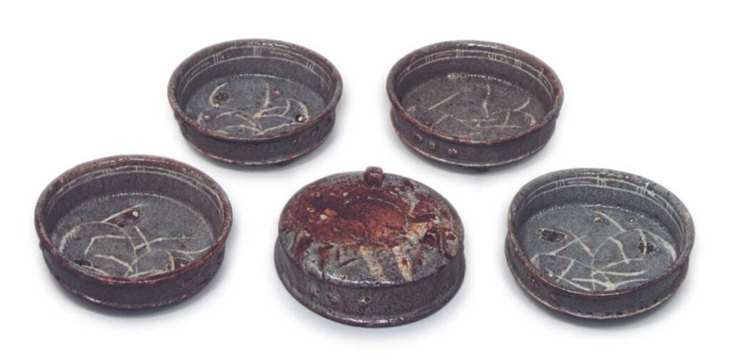 Gray Shino mukozuke dishes with miscanthus design