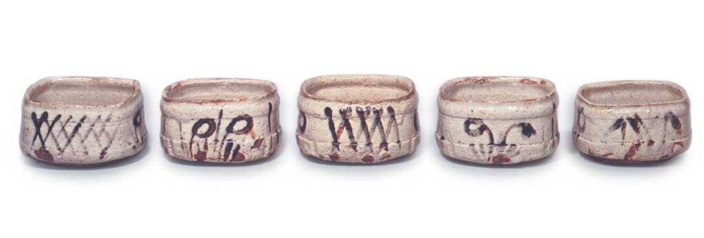 Shino mukozuke bowls with flowering grass design