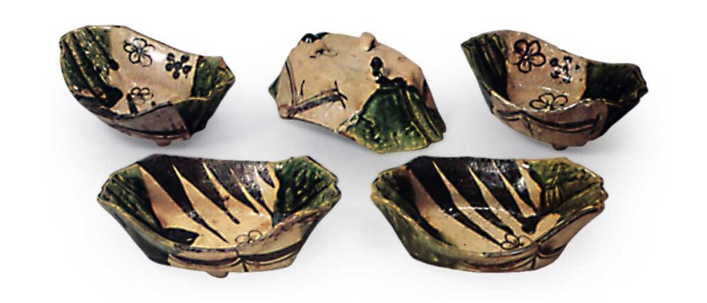 Oribe five mukozuke bowls in shape of boat