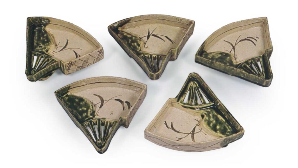 Oribe five mukozuke bowls in shape of fan with miscanthus designs