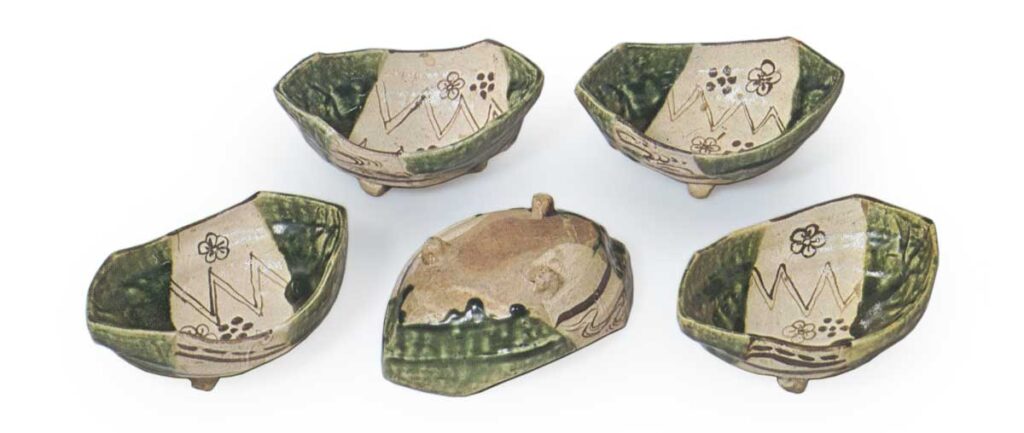 Oribe five mukozuke bowls in shape of boat with plum blossom designs