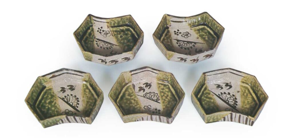 Oribe five mukozuke bowls