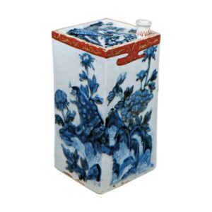 Square wine bottle with design of shishi imaginary animal like llon and peonies. enamelled ware