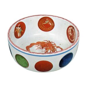 Bowl with red roundel and dragon design, enamelled ware