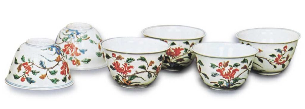 Six wine cups with peony design, enamelled ware