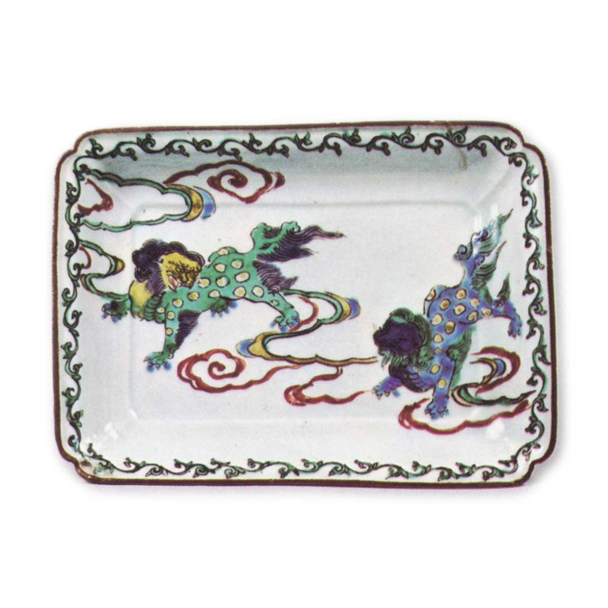 Rectangular dish with lion design, enamelled ware