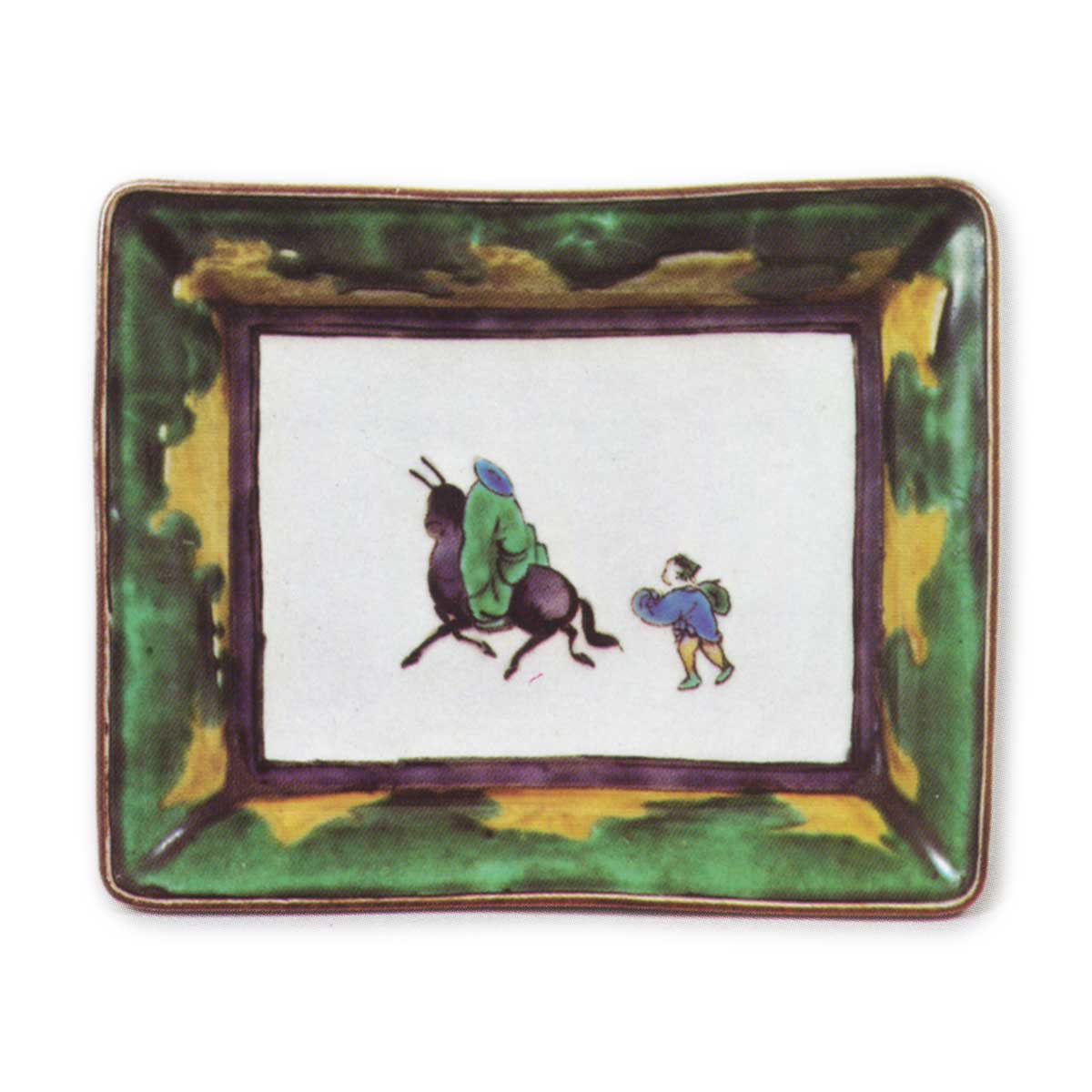 Rectangular dish with mounted figure design, enamelled ware