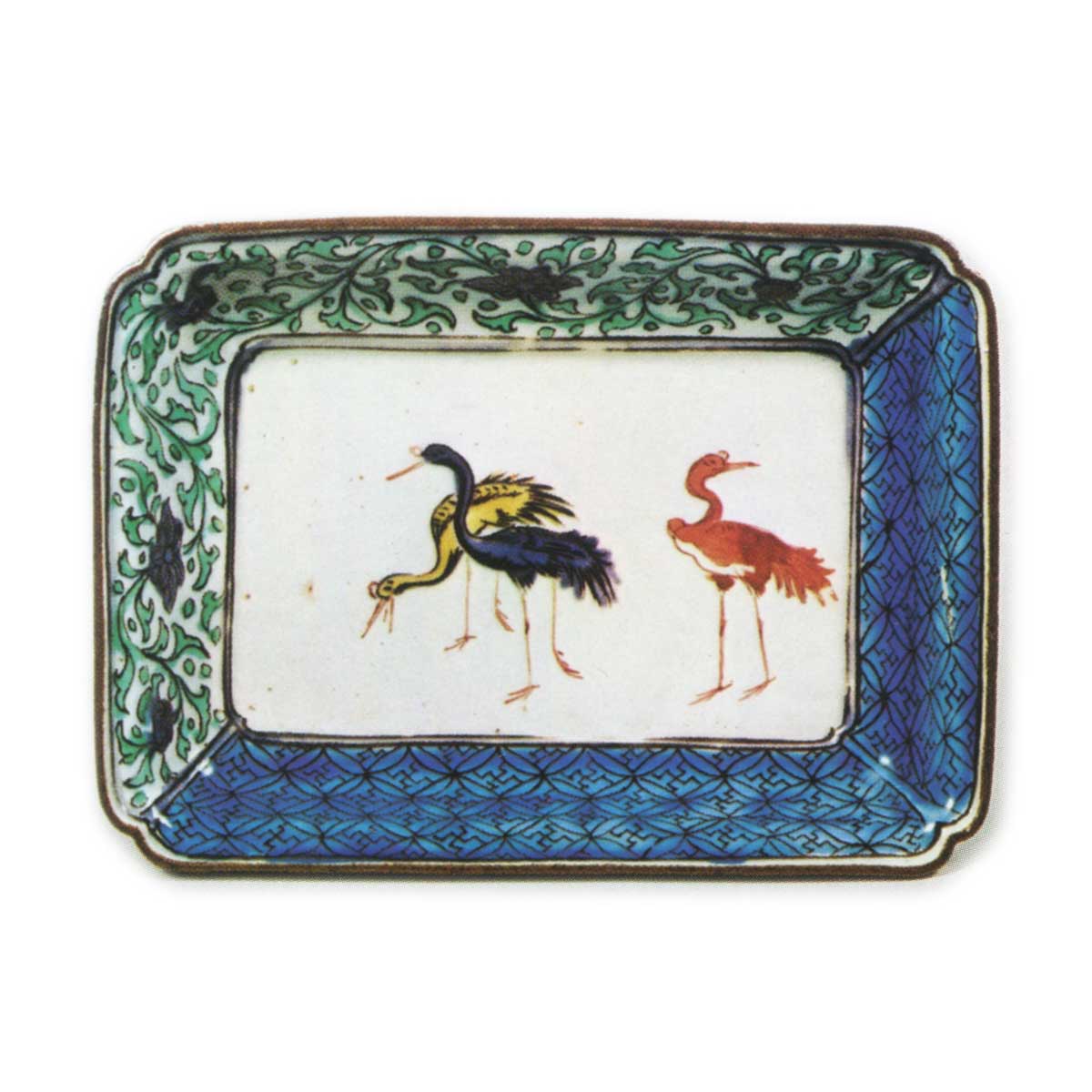 Rectangular dish with crane design, enamelled ware