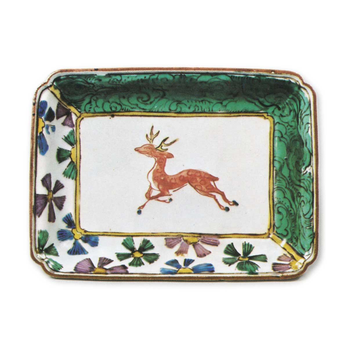 Rectangluar dish with deer design, enamelled ware