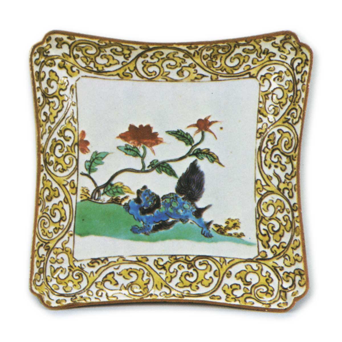 Square dish with peony and lion design, enamelled ware