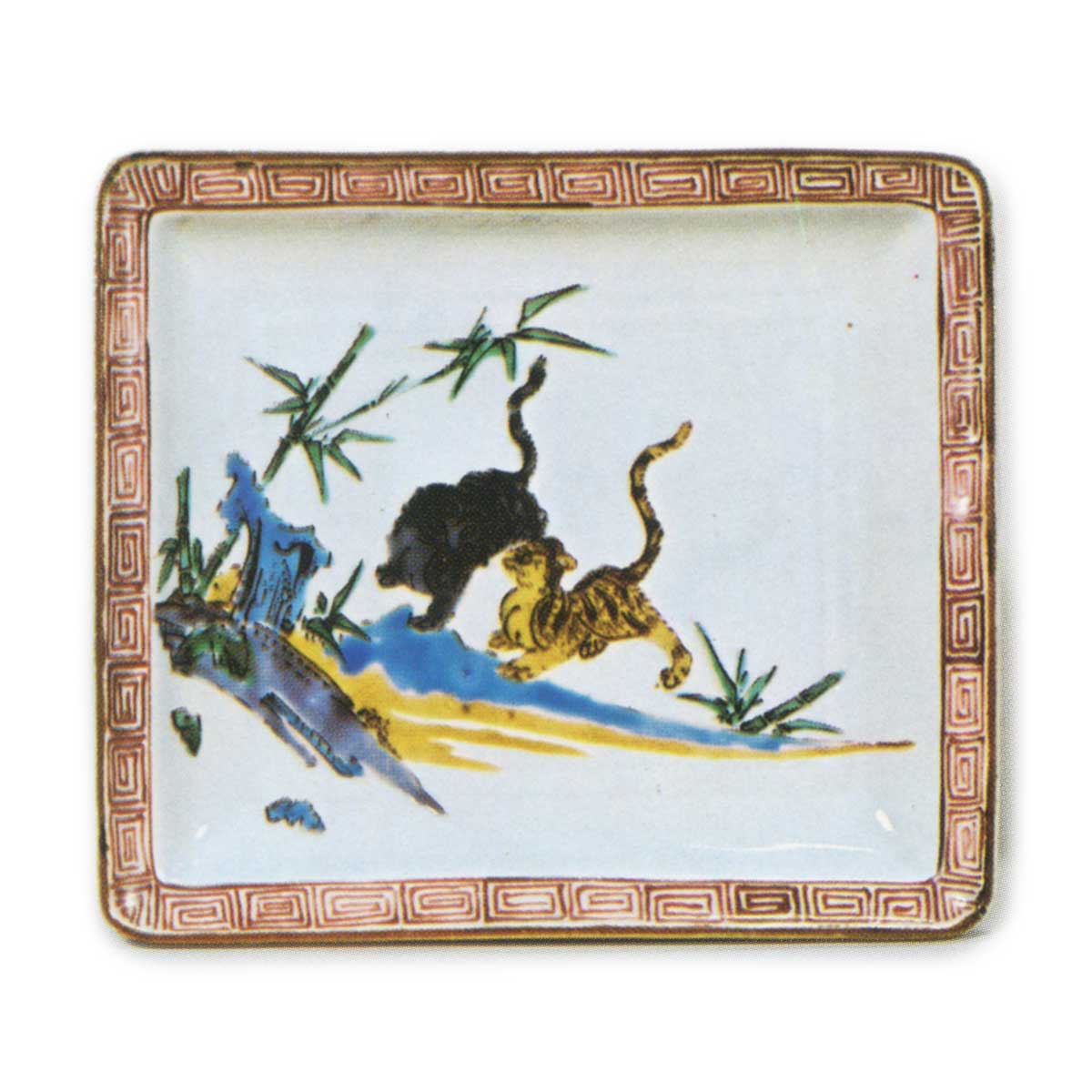 Rectangular dish with bamboo and tiger design, enamelled ware