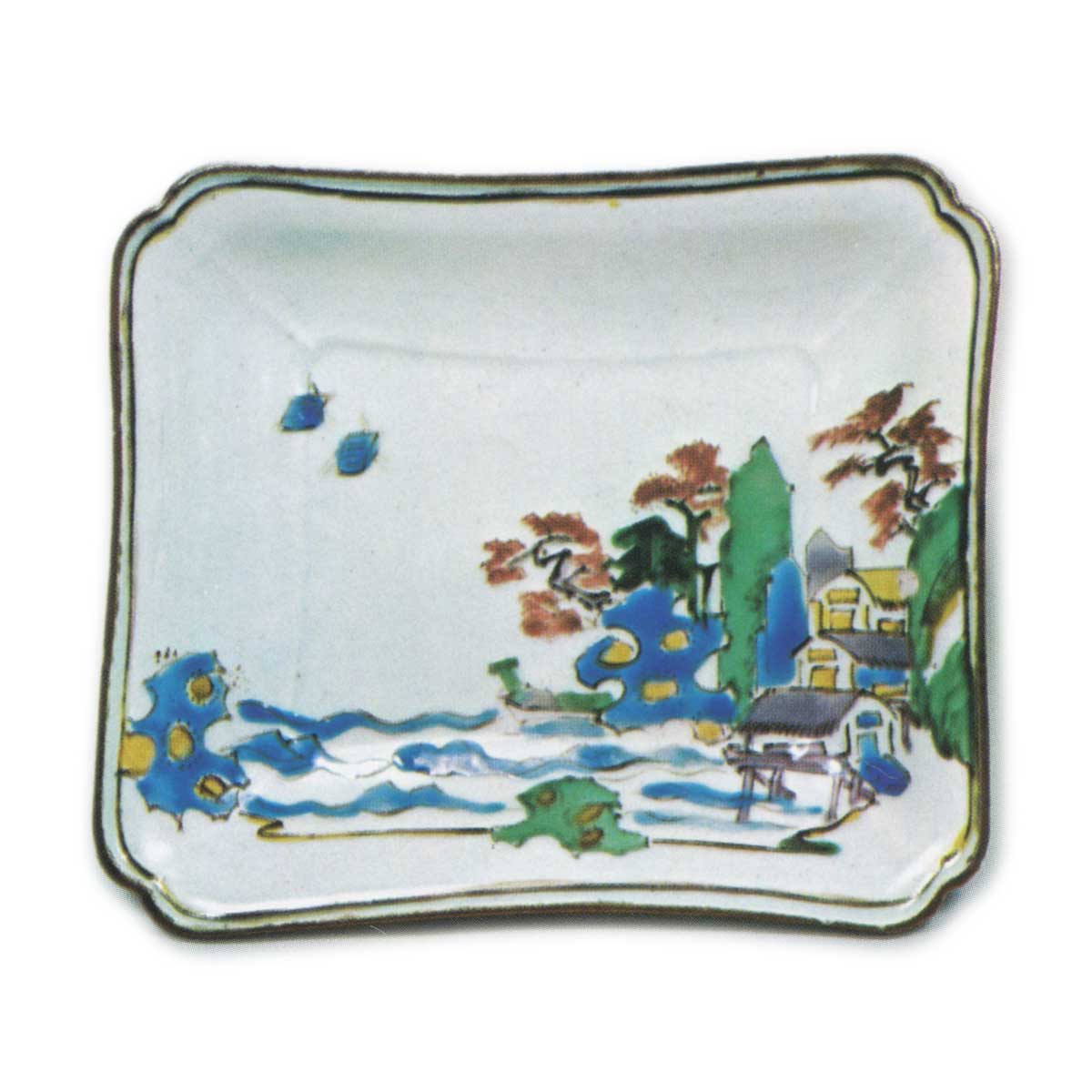 Rectangular dish with design of landscape with houses, enamelled ware