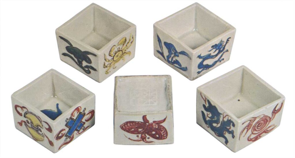 Mokubei: set of square wine cups, enamelled ware