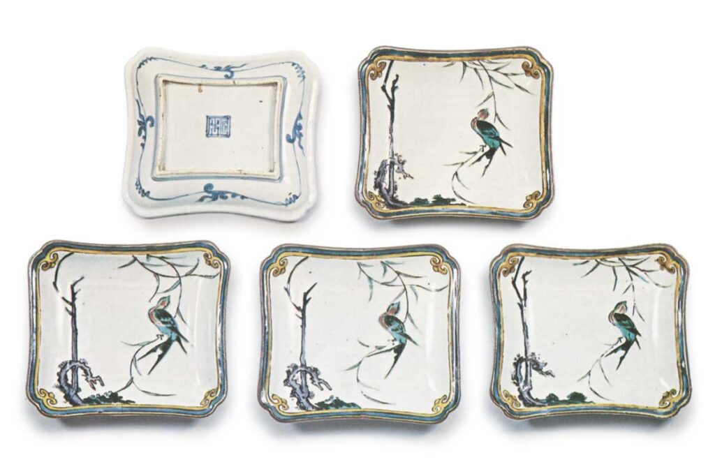 古九谷色绘柳纹四方小皿