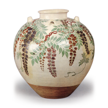Tea jar with wisteria flowers in overglaze enamels