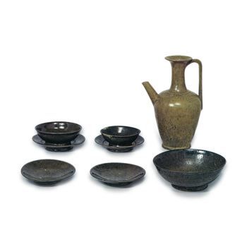 Green glazed handled pitcher, bowl and dish