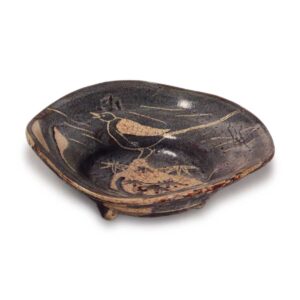 Gray Shino shallow bowl with wagtail design