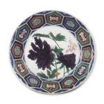 Large bowl with design of peonies and butterfly surrounded by linked hexagons, enamelled ware