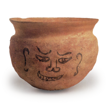 Haji ware: jar with ink drawing of human face.