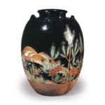 Tea jar, Wakamatsu and distant mountains in overglaze enamels.