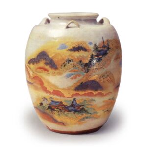 Ninsei: tea jar with design of temple buildings in mountains, enamelled ware