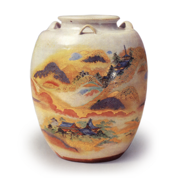Ninsei: tea jar with design of temple buildings in mountains,
