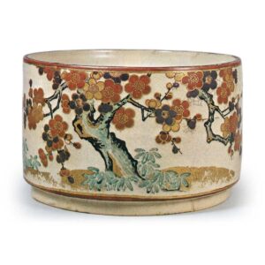 Ninsei: shallow mizusashi (water jar for use in tea ceremony) with plumtree design, enamelled ware