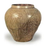 Seto, Wide-mouthed jar with design of painted flowers in ash glaze