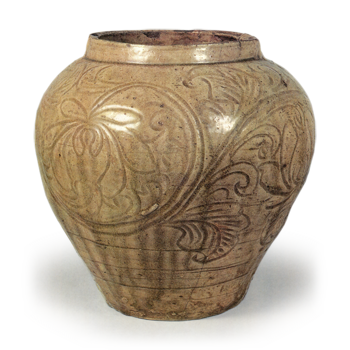 Seto, Wide-mouthed jar with design of painted flowers in ash glaze