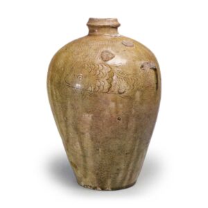 Seto ware: Vase with fish design in ash glaze