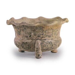 Seto ware: Incense burner with design of seal flowers in ash glaze