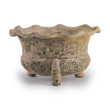 Seto ware: Incense burner with design of seal flowers in ash glaze