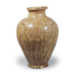 Seto ware: four-handled jar with incised ornament, ash glaze.