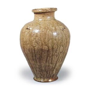 Seto ware: four-handled jar with incised ornament, ash glaze.