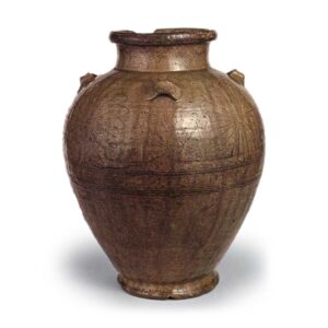 Seto ware: four-handled jar with stamped ornament, ash glaze.