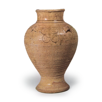 Seto ware: four-handled jar with stamped ornament, ash glaze.