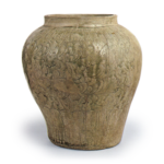 Seto ware: wide-mouth jar with stamped ornament, ash glaze.