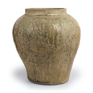 Seto ware: wide-mouth jar with stamped ornament, ash glaze.