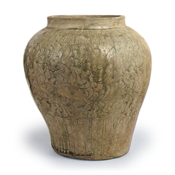 Seto ware: wide-mouth jar with stamped ornament, ash glaze.