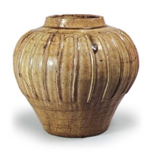 Seto ware: ribbed wide-mouth jar, ash glaze.