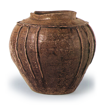 Seto ware: ribbed jar, ash glaze.