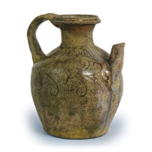 Seto ware: ewer with handle with stamped ornament, ash glaze.