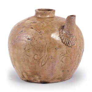 Seto ware: ewer with handle with incised ornament, ash glaze.