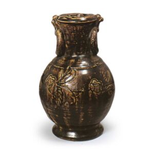 Seto ware: flower vase with stamped ornament, iron glaze.