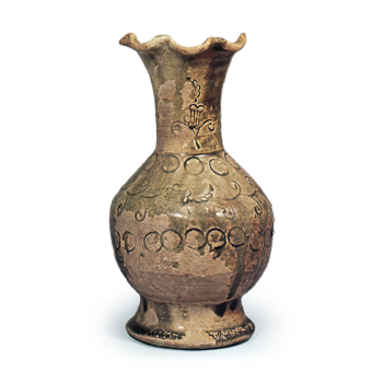 Seto ware: flower vase with stamped ornament, ash glaze.