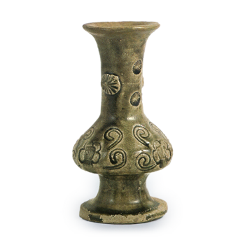 Seto ware: flower vase with stamped ornament, ash glaze.