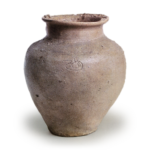 Tokoname ware: jar with human figure design.