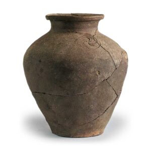 Tokoname ware: jar with tomoe crest design.