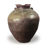 Atsumi ware: three-handled jar with reed and heron design.