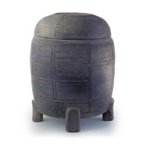 Atsumi ware: covered four-legged jar with crossed band design.